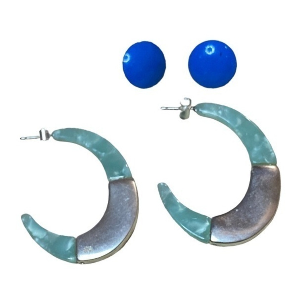 Cloudy Sea foam Green Resin & Sliver tone Tear Drop  Earrings and Blue Dot set